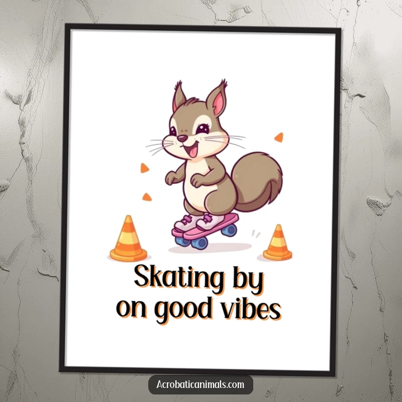 Funny Free Printable Wall Art: Hyperactive squirrel on roller skates weaving through cones. Downloadable, zany wall decor.