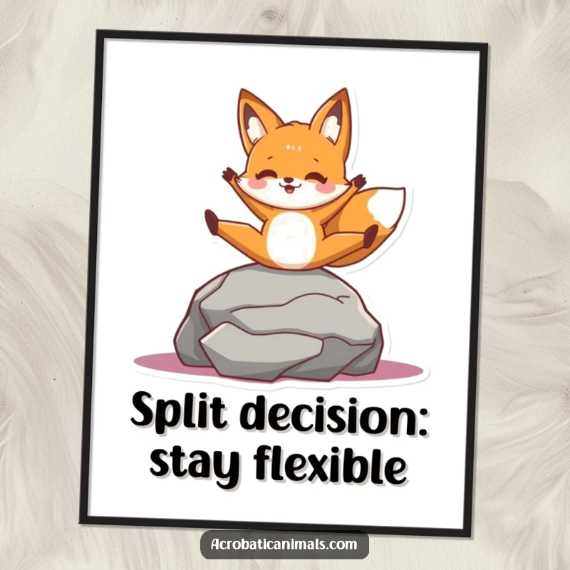 Funny Free Printable wall art: A cheerful fox character is doing a split with impressive flexibility on a rock.