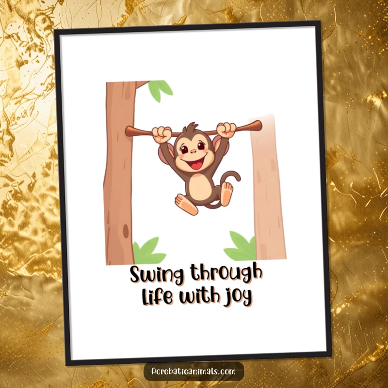 Funny Free Printable Wall Art of an energetic monkey swinging dynamically from a high bar, adding playful decor.