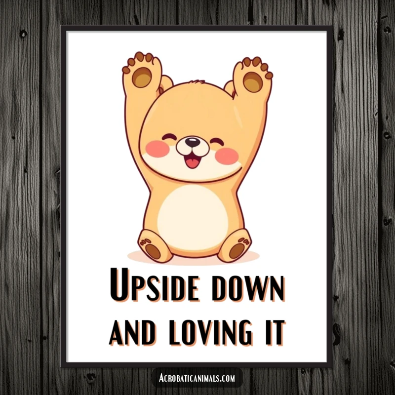 Funny Free Printable Wall Art: A happy bear balances in a perfect handstand, paws reaching skyward, bringing energetic fun to your decor.