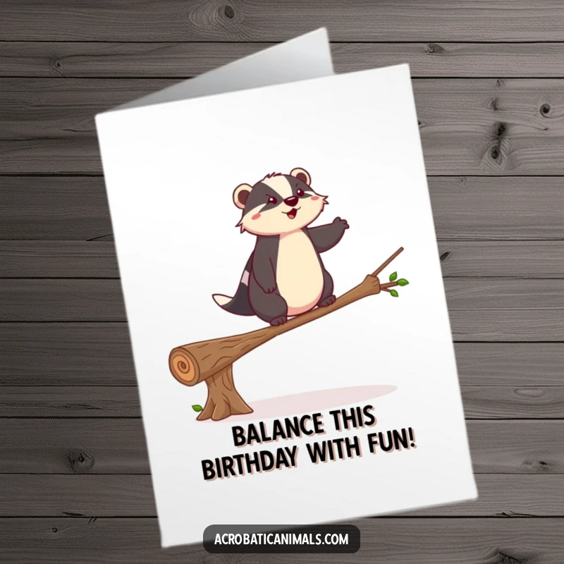 Funny Free Printable Badger Birthday Card: A brave badger carefully balancing on a log, wishing a happy birthday with focus.