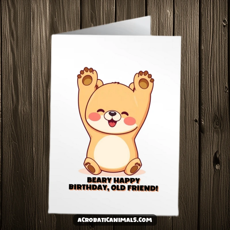 Funny Free Printable Birthday Card: A cheerful bear balances in a perfect handstand, paws in the air, ready to celebrate your big day.