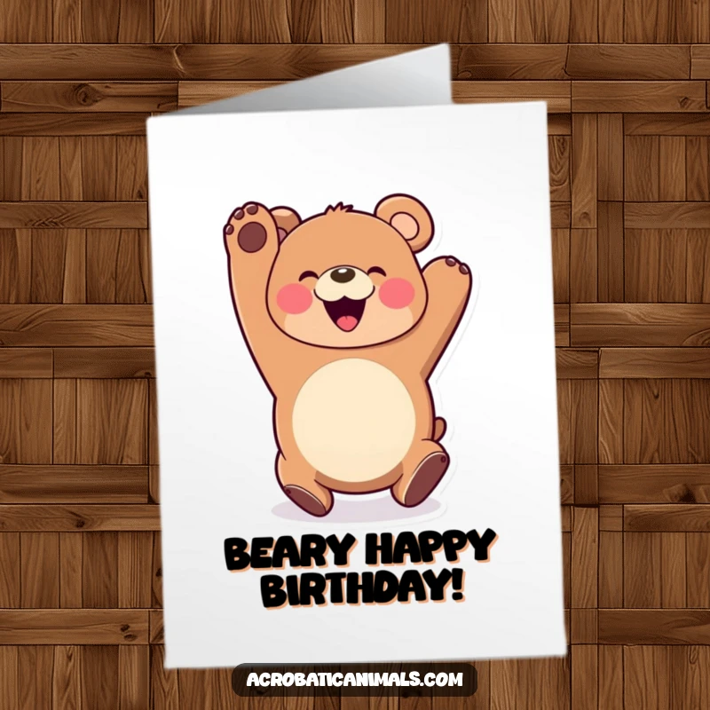 Funny Free Printable Bear Birthday Card: A happy bear performs a joyful somersault with a wide, beaming smile for a birthday.