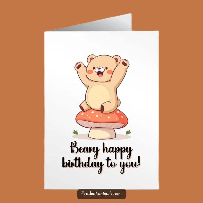Free Printable Bear Cub Handstand Birthday Card: Mushroom Fun Downloadable Gift