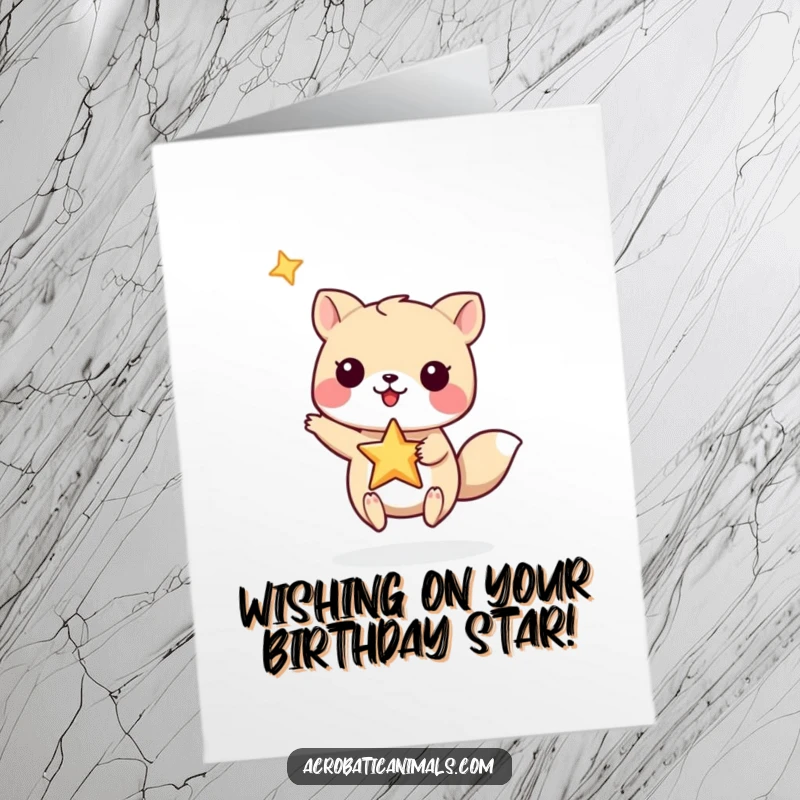 Funny Free Printable Birthday Card: Small animal balancing a glowing star on its paw, wishing a bright birthday.