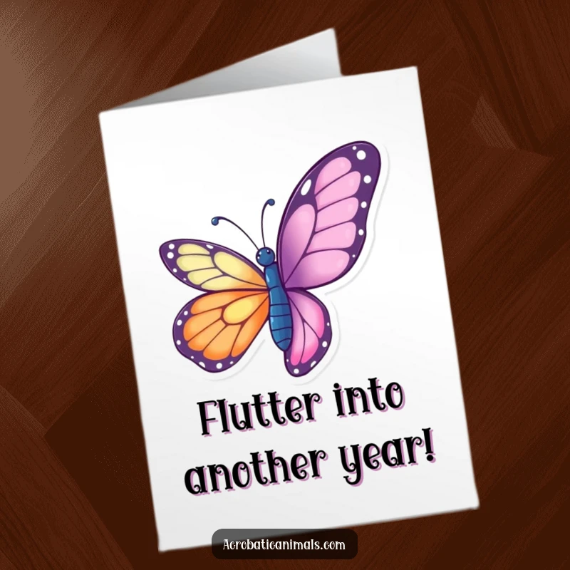 Funny Free Printable Birthday Card: Vibrant butterfly performing a graceful aerial twist with flair.