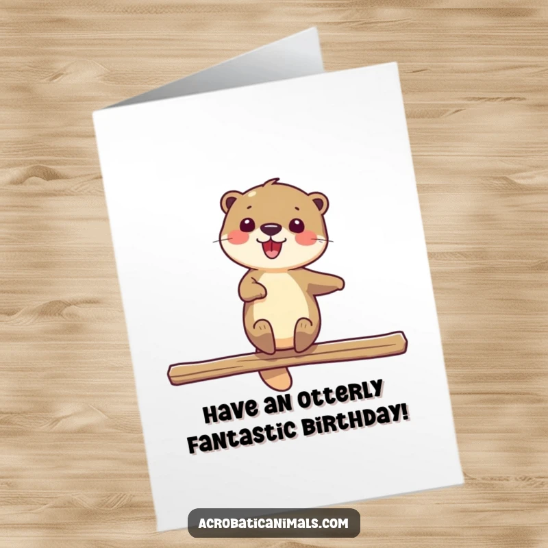 Funny Free Printable Birthday Card featuring a delighted otter gracefully spinning on a beam, celebrating joyously.