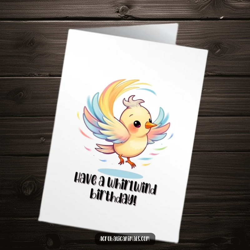 Funny Free Printable Birthday Card: A cheerful bird spinning rapidly, creating a rainbow-colored whirlwind of pure birthday excitement.