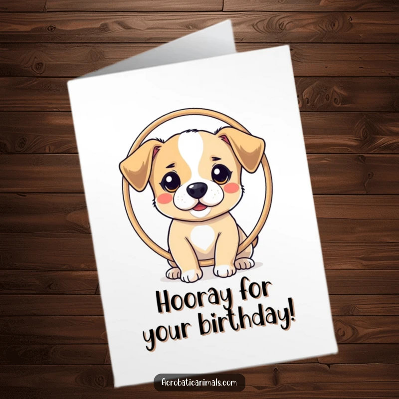 Funny Free Printable Birthday Card: A small dog impressively balances a hoop on its nose, ready for birthday wishes.