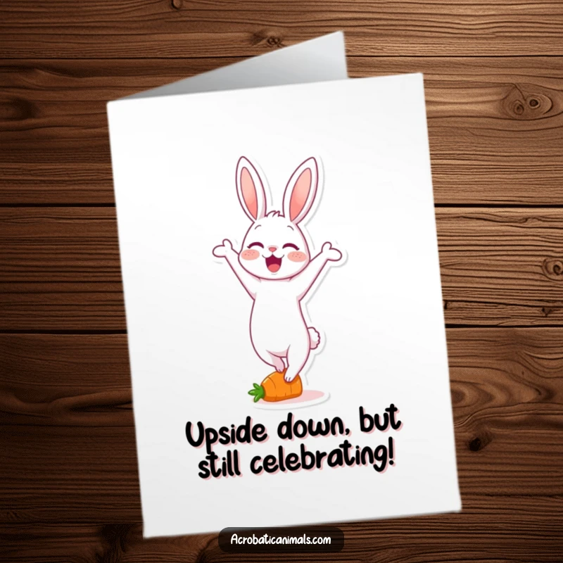 Funny Free Printable birthday card: A delighted rabbit balances precariously on a tiny carrot, celebrating with a handstand.