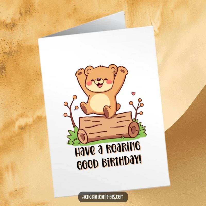 Funny Free Printable birthday card: A joyful bear character performs a cartwheel with a wide grin over a log.