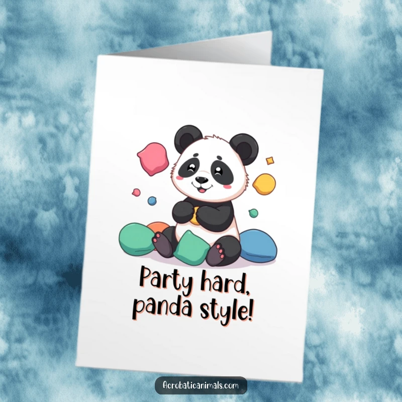 Funny Free Printable Birthday Card: A playful panda expertly juggles colourful beanbags, wishing a happy birthday.