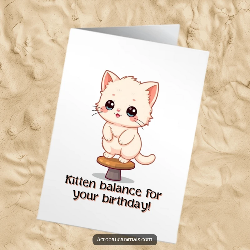 Funny Free Printable Birthday Card: A happy kitten balances precariously on a spinning beam, eyes wide with delight.