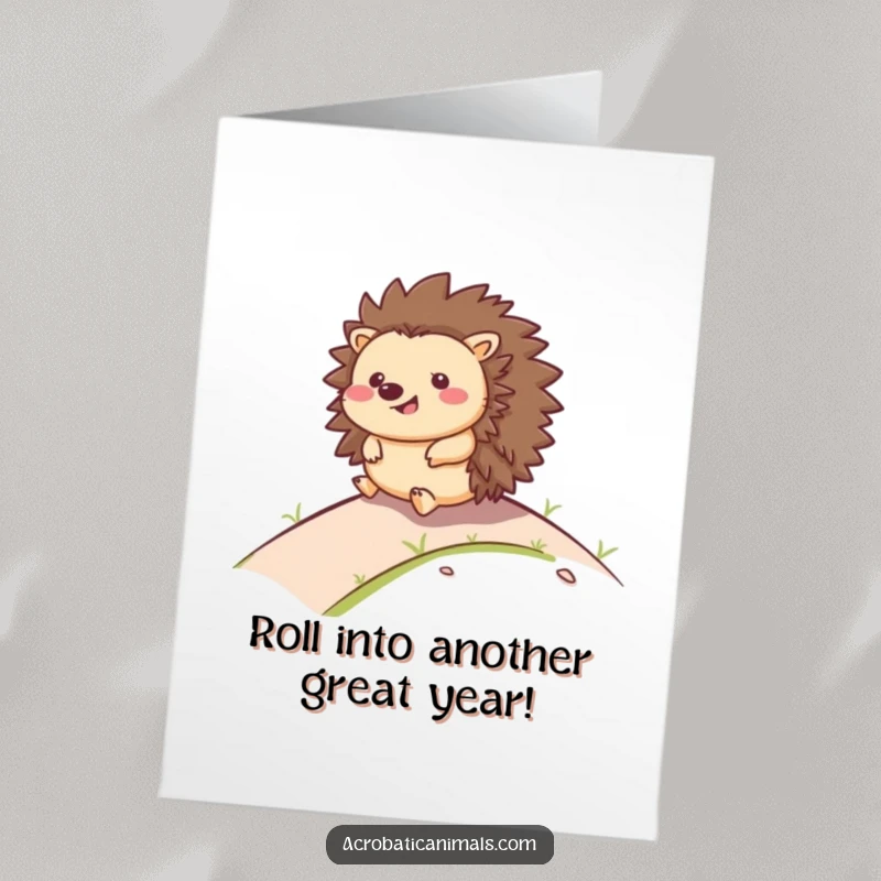 Funny Free Printable Birthday Card: A happy hedgehog joyfully rolls down a grassy hill with a big smile.