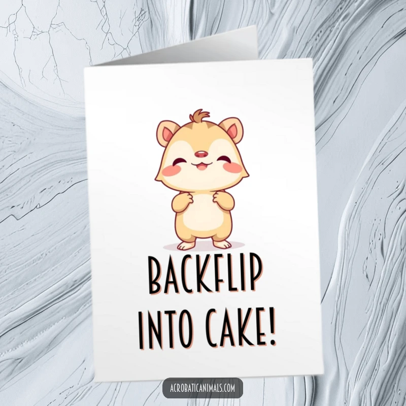 Funny Free Printable Birthday Card: Tiny creature doing a proud handstand, ready to celebrate with a grin.
