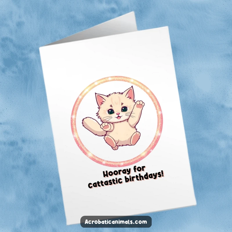 Funny Free Printable Birthday Card: A fluffy cat mid-air, leaping through a sparkling hoop with joy.