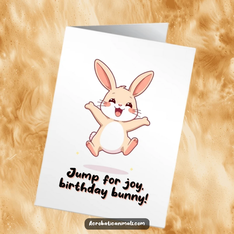 Funny Free Printable Birthday Card: A happy rabbit soaring through the air during a high jump.