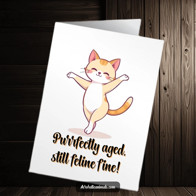 Funny Free Printable Birthday Card featuring a chic cat executing a flawless arabesque on a balance beam, ready to celebrate.