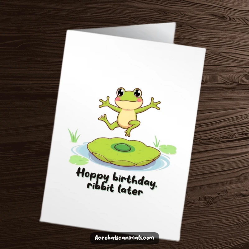 Funny Free Printable Birthday Card: Leap Frog character hilariously balances on a spinning lily pad, ready for a wild celebration.