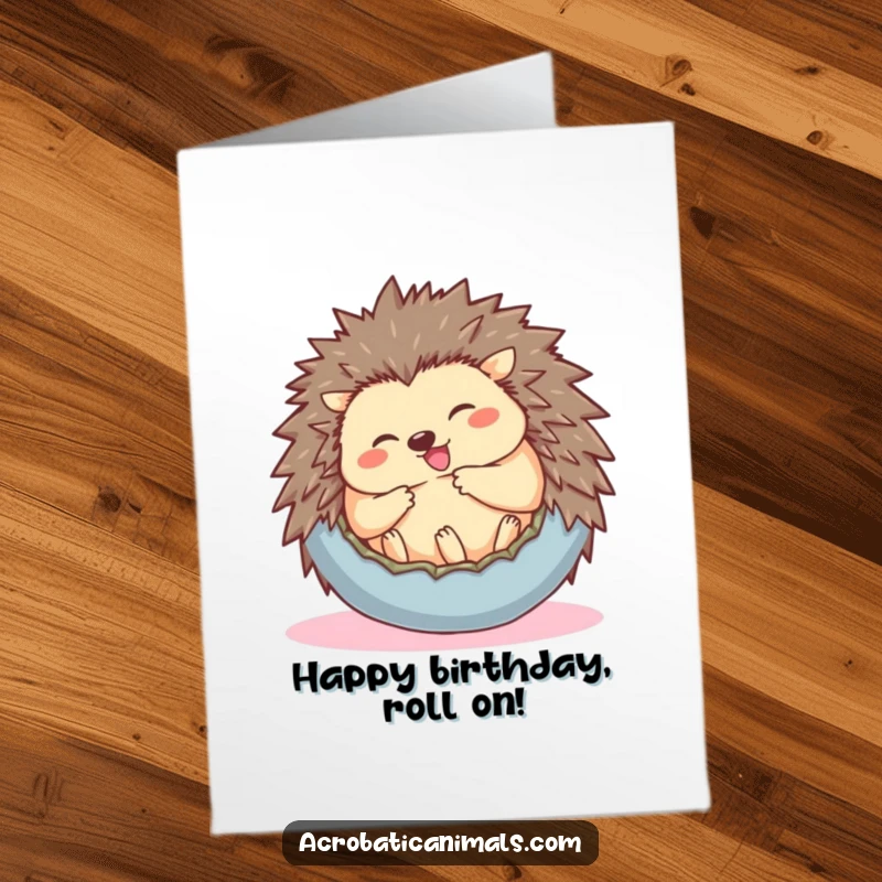 Funny Free Printable Birthday Card: A giggling hedgehog curls into a happy ball, ready to celebrate.