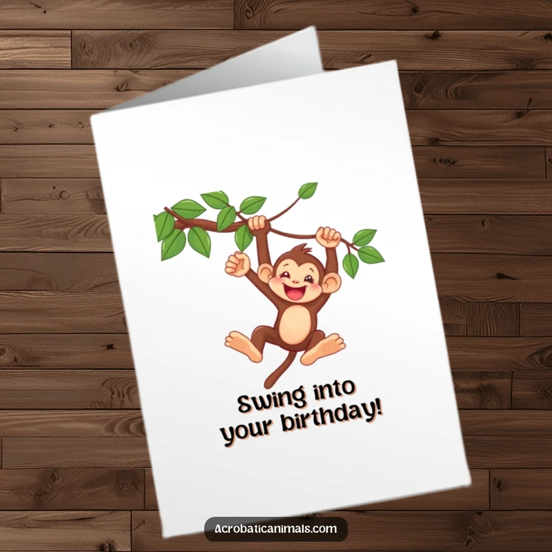 Funny Free Printable Monkey Birthday Card: A delighted monkey swings joyfully from a vine, celebrating a birthday with energy.