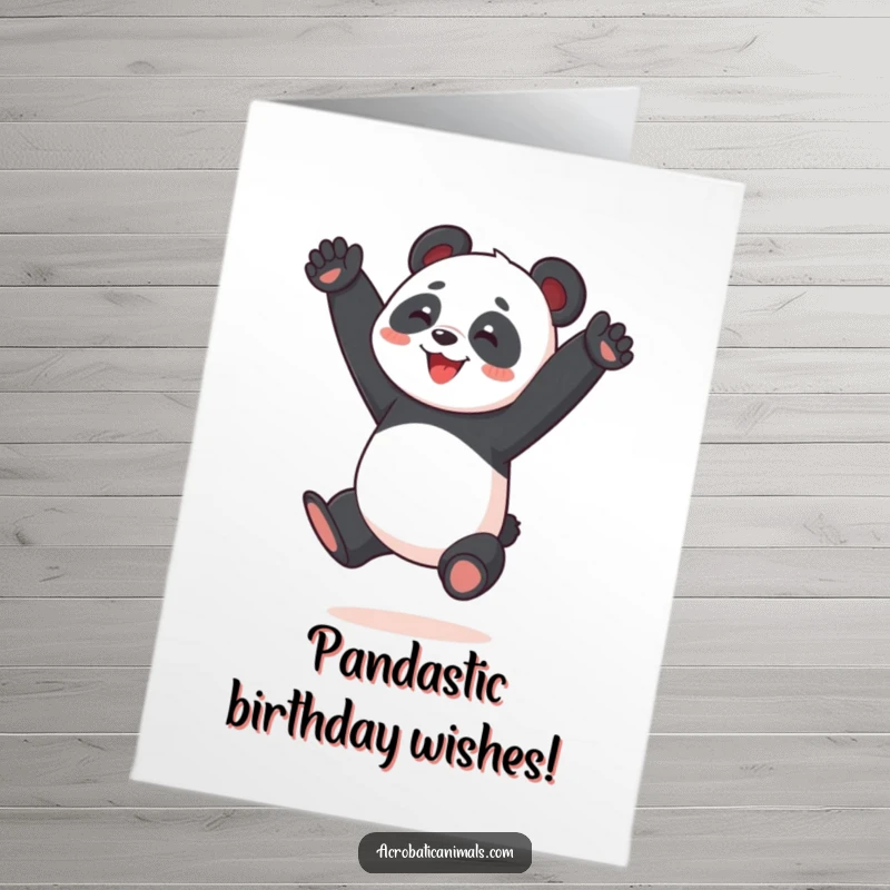 Funny Free Printable Panda Birthday Card: Joyful panda mid-air split jump, full of energy and birthday wishes.