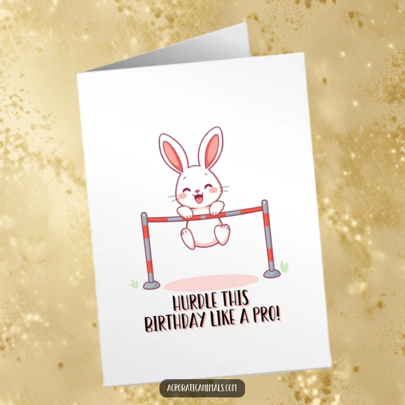 Funny Free Printable Rabbit Birthday Card: A cheerful bunny mid-air, attempting a high jump over a tiny hurdle with a determined grin.