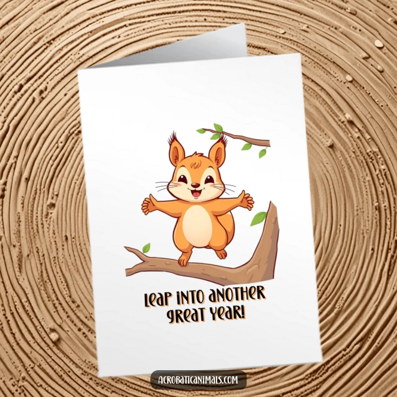 Funny Free Printable Squirrel Birthday Card: A playful squirrel mid-leap between branches, arms wide open in a joyous birthday wish.