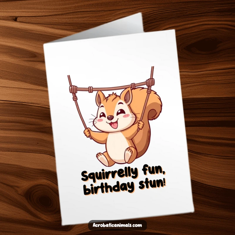 Funny Free Printable Birthday Card: Mischievous squirrel mid-air on a trapeze, ready for a daring birthday wish.