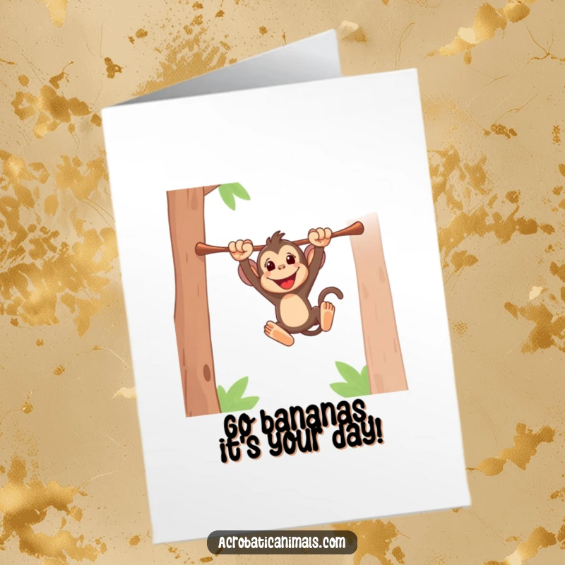 Funny Free Printable Birthday Card with an energetic monkey swinging joyfully from a high bar, ready for party time.