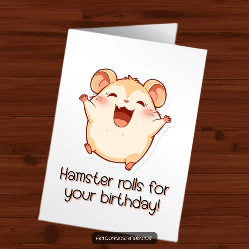 Funny Free Printable Birthday Card: A round hamster joyfully somersaults, beaming with a huge, happy smile.