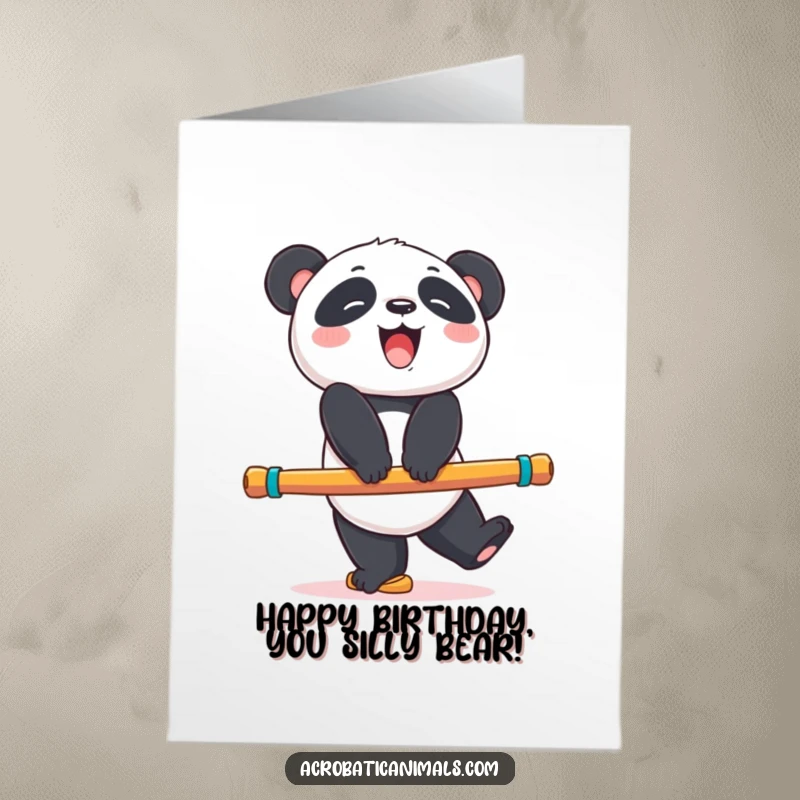 Funny Free Printable Birthday Card: A giggling panda bear masterfully balancing on a brightly colored exercise beam.