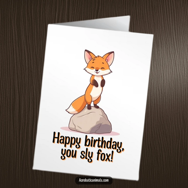 Funny Free Printable Birthday Card: A curious fox balances expertly in a handstand atop a rock, celebrating you.