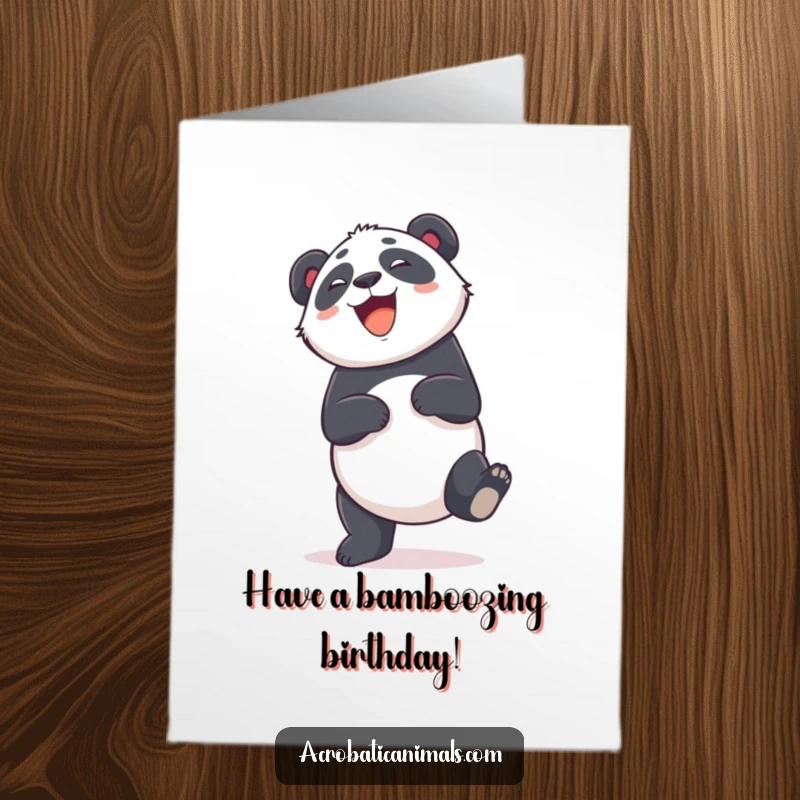 Funny Free Printable Birthday Card featuring a giggling panda doing a silly cartwheel, spreading birthday cheer.