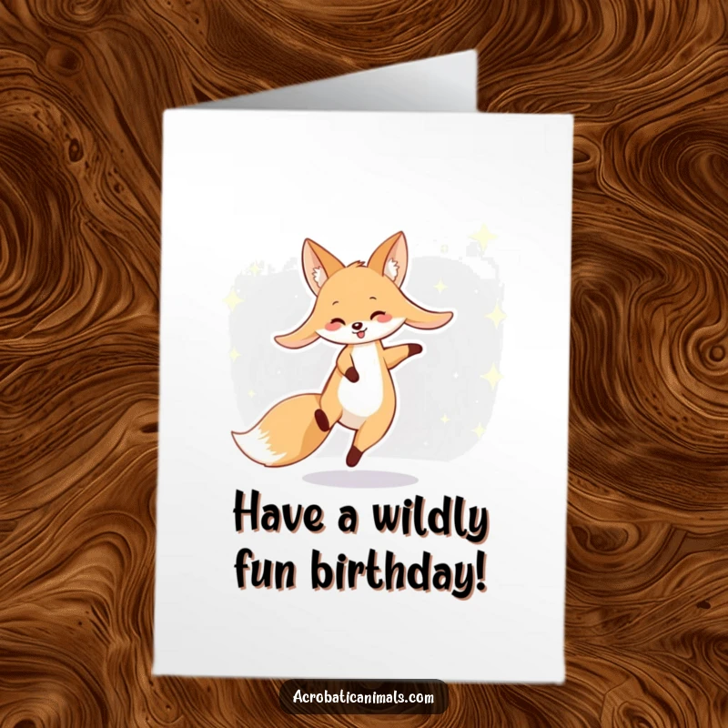 Funny Free Printable Birthday Card: A smiling fox with long ears doing a cartwheel against a starry sky.