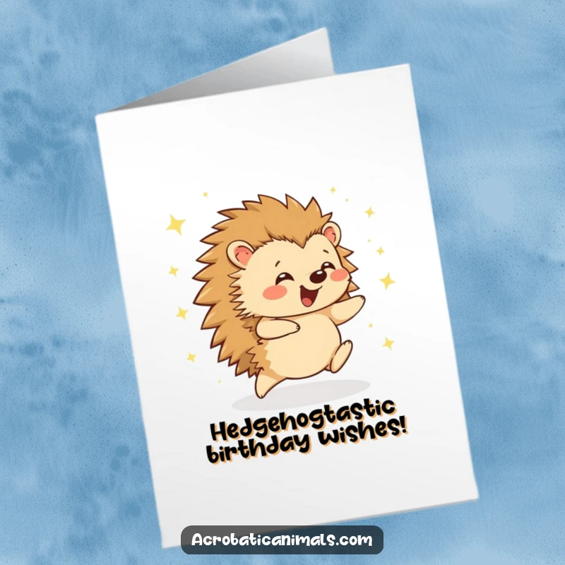 Funny Free Printable Birthday Card featuring a joyful hedgehog doing a cartwheel with glittery sparkles flying around.