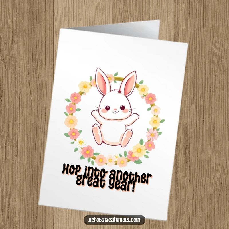 Funny Free Printable Birthday Card: A fluffy bunny with rosy cheeks leaping dramatically through a flower hoop.