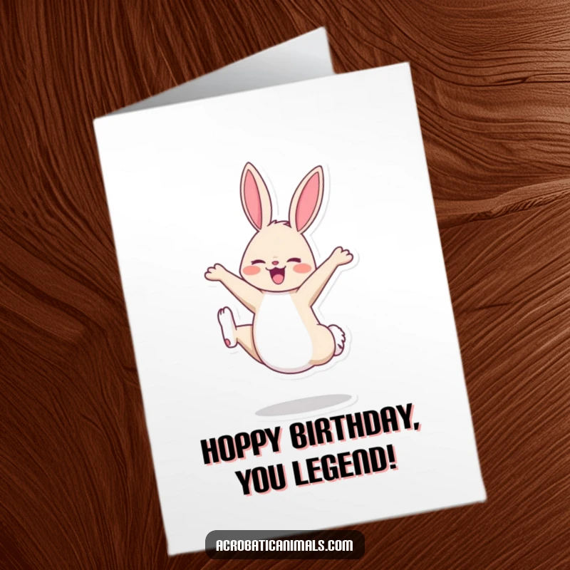 Funny Free Printable Birthday Card: A cheerful bunny executes a perfect cartwheel, spreading birthday cheer.