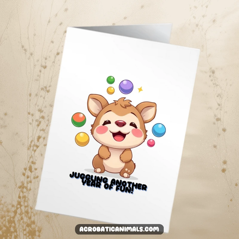Funny Free Printable Birthday Card: A playful animal expertly juggling several colorful balls on the tip of its nose.