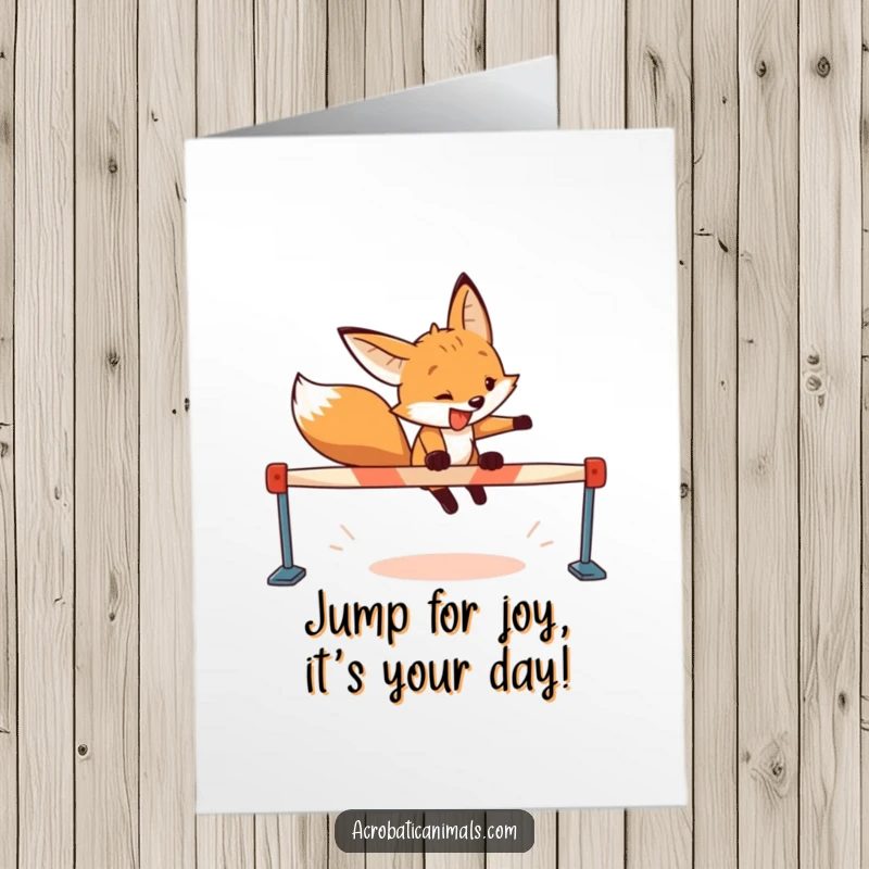 Funny Free Printable Birthday Card: Determined fox happily leaping over a hurdle with a huge grin.