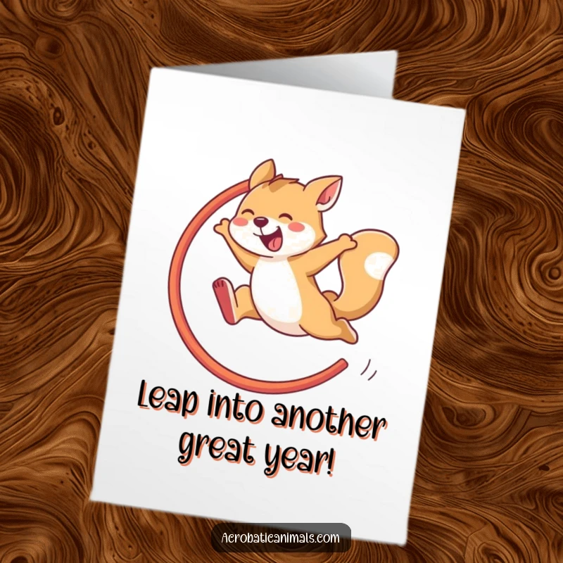 Funny Free Printable Birthday Card: Agile animal mid-air, leaping through a hoop with pure exhilaration, celebrating joyfully.