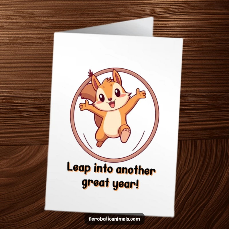 Funny Free Printable Birthday Card featuring a determined squirrel leaping bravely through a hoop, celebrating their birthday.