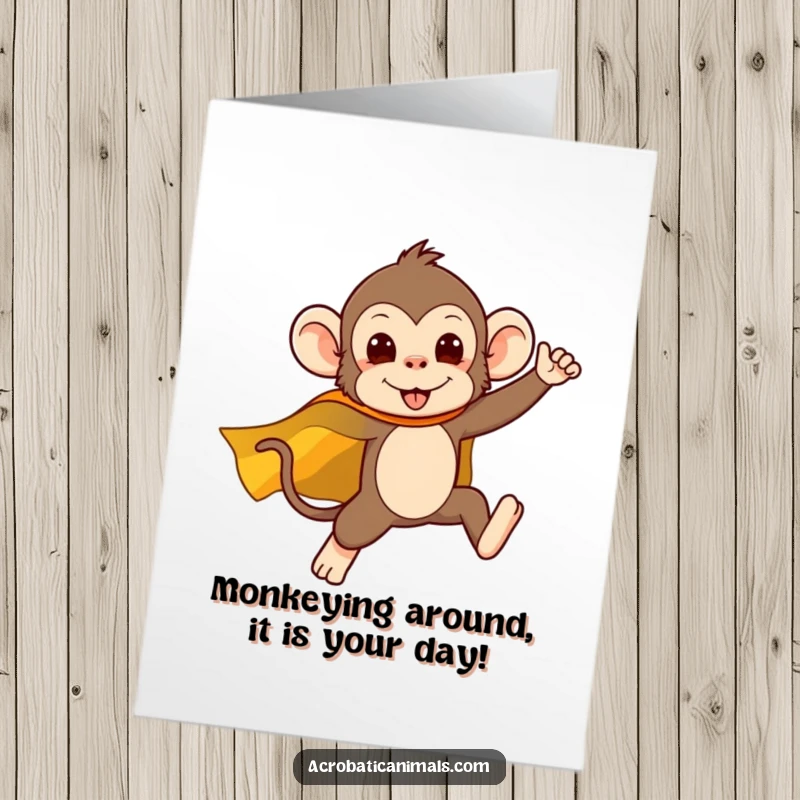 Funny Free Printable Birthday Card: Silly monkey in a superhero cape leaping joyfully. Perfect for a fun DIY gift.