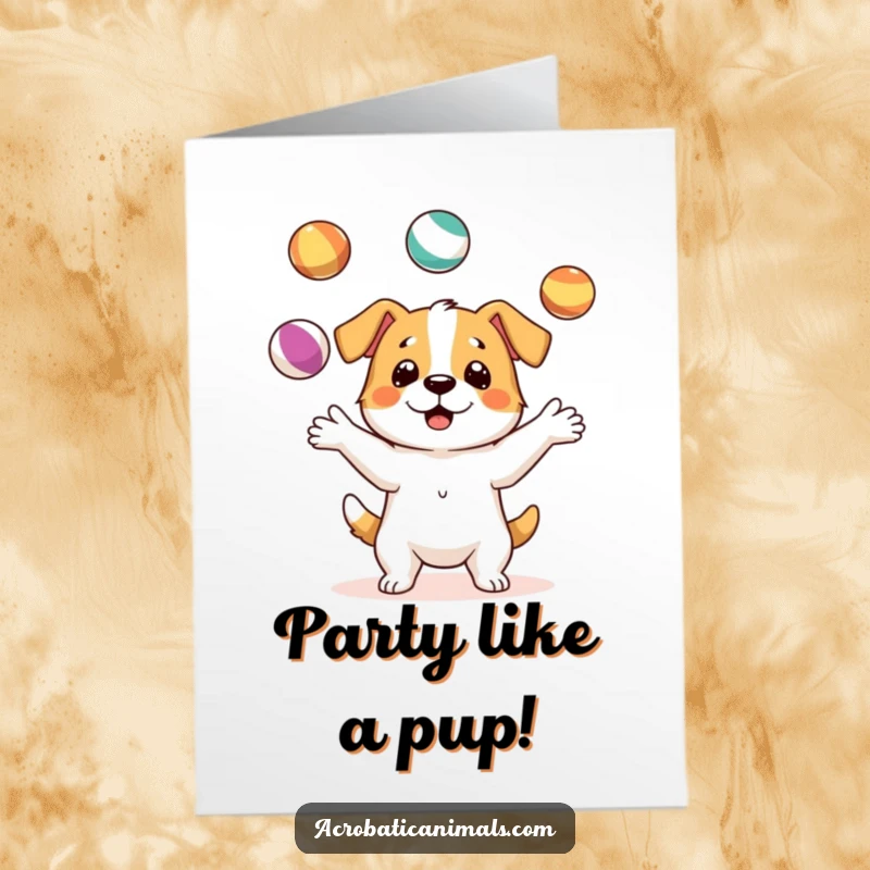 Funny Free Printable Birthday Card: An excited dog energetically juggles three colorful balls, ready to celebrate a happy birthday.
