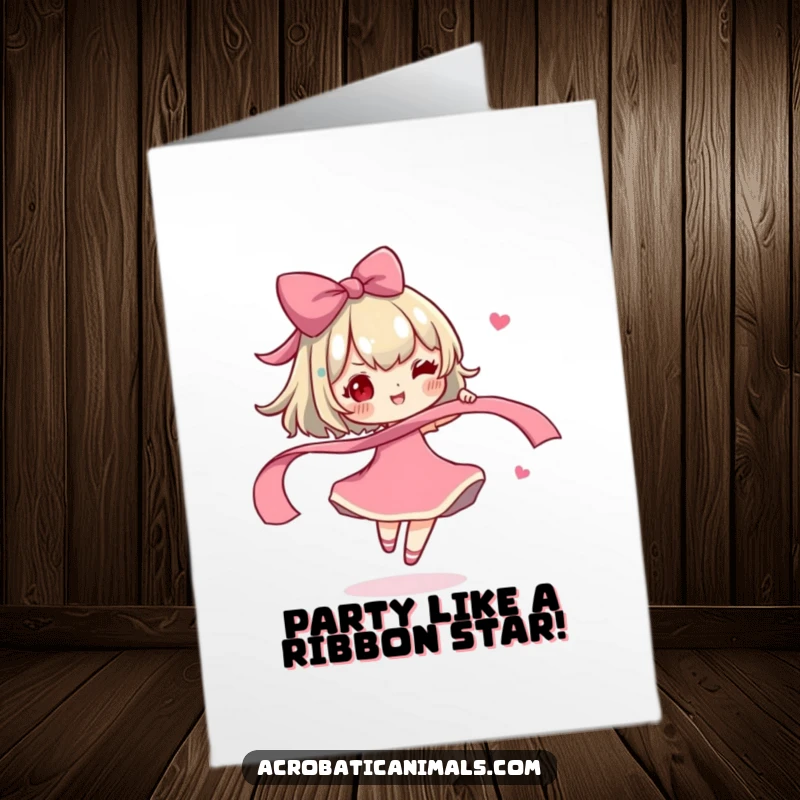 Funny Free Printable Birthday Card: Cute character joyfully spinning a bright ribbon, celebrating merrily.