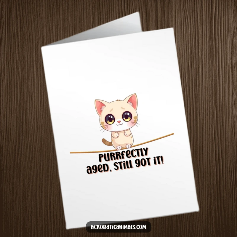 Funny Free Printable Birthday Card: A round cat clumsily balancing on a tightrope, sparkling eyes wide.