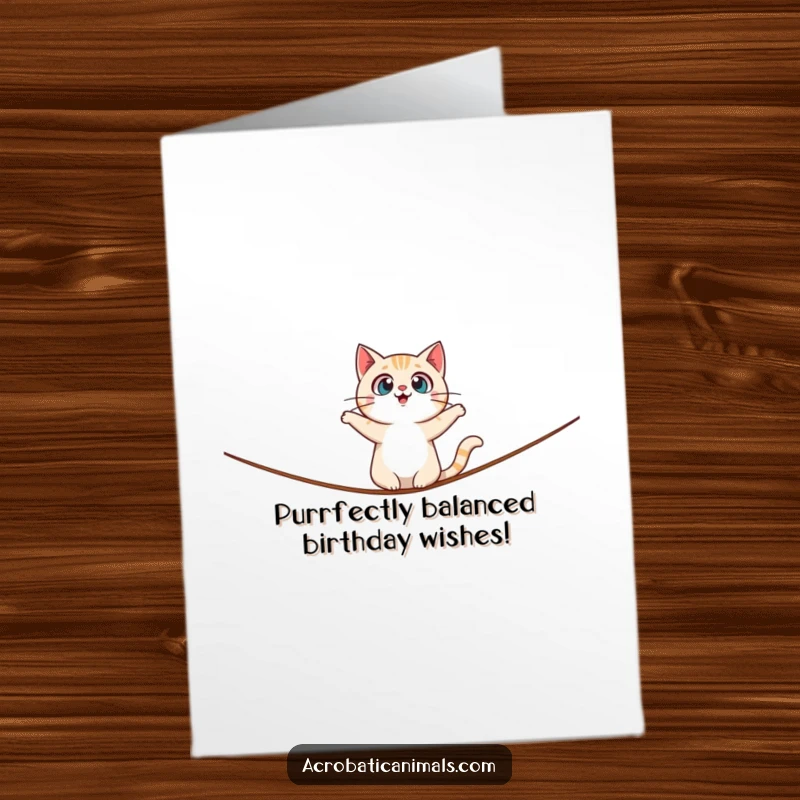 Funny Free Printable birthday card: A surprised cat character looks shocked while precariously balancing on a thin tightrope.