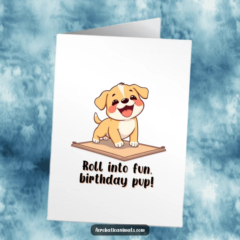 Funny Free Printable Birthday Card: A happy puppy joyfully tumbling across a gym mat, mid-roll.