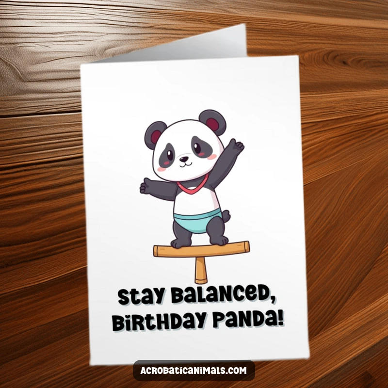 Funny Free Printable Birthday Card: A panda gymnast striking a pose on a balance beam with confident grace and a sly smile.
