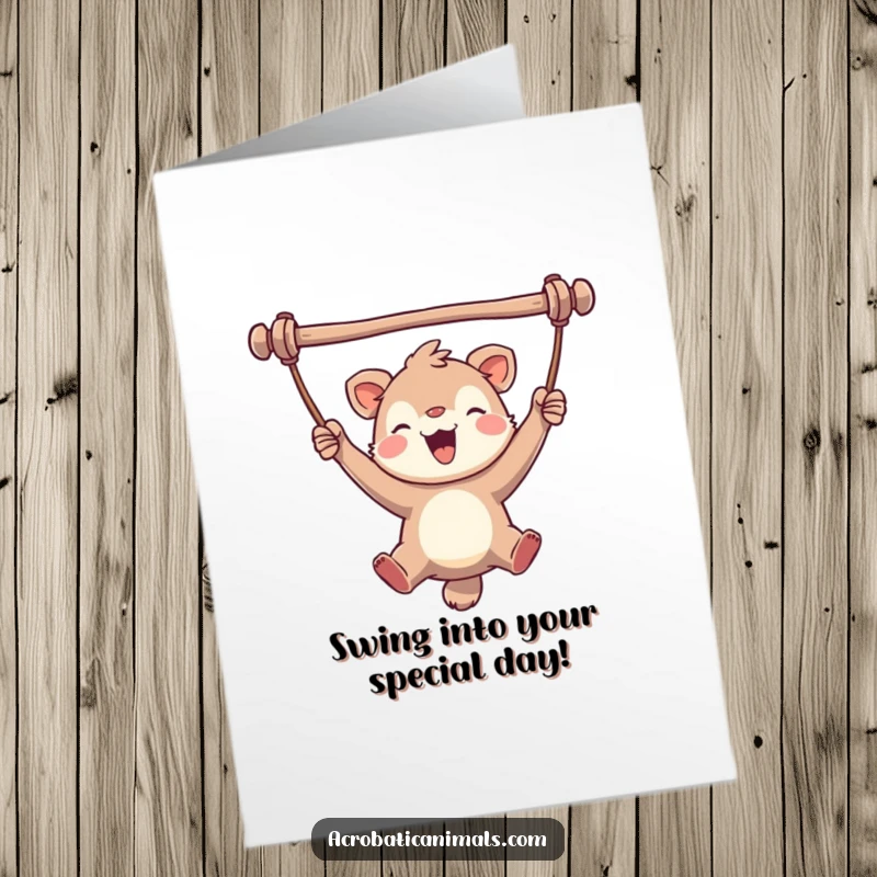 Funny Free Printable Birthday Card: A happy animal blissfully swinging from a bar, grinning with pure delight and excitement.